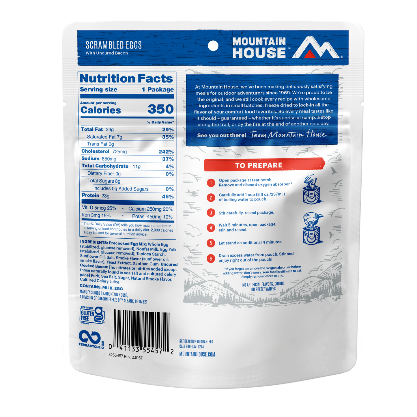 Mountain House food package with nutrition facts and preparation instructions on a white background
