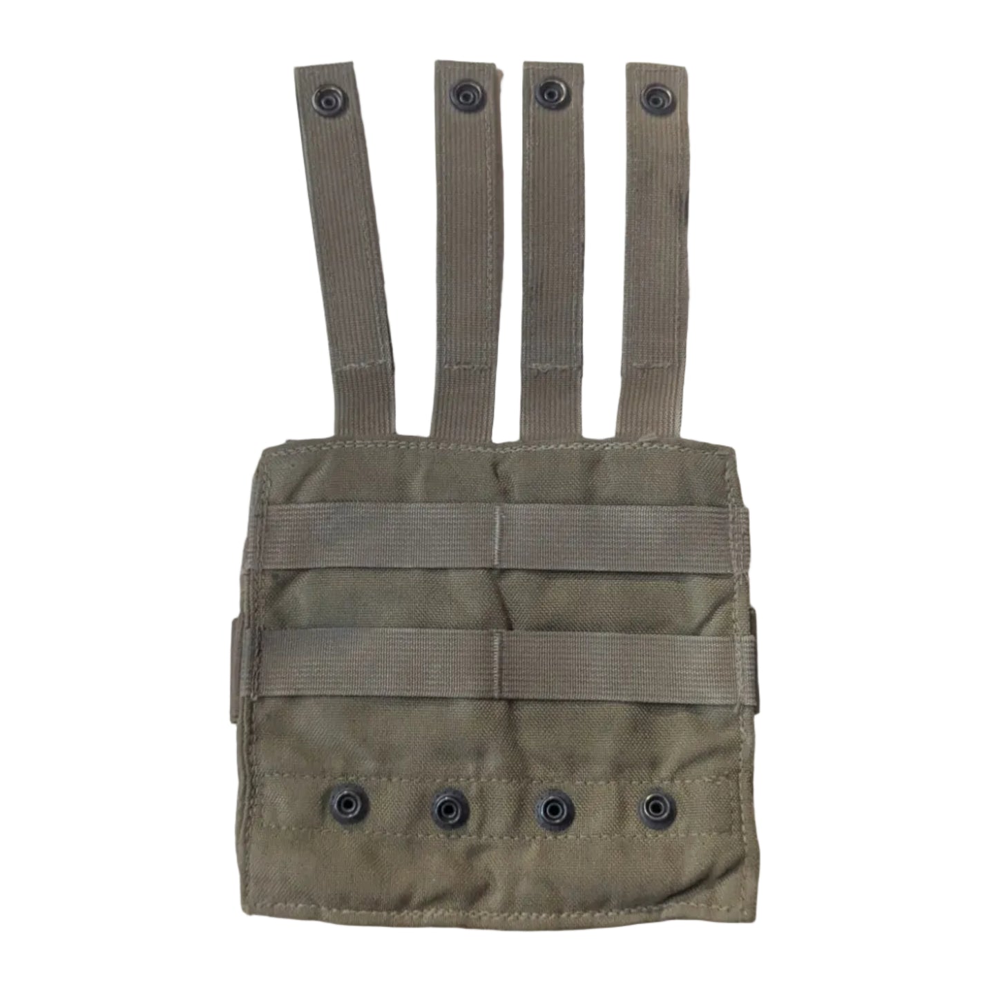A tan tactical utility pouch with four webbing straps, laid flat on a light-colored wooden table.