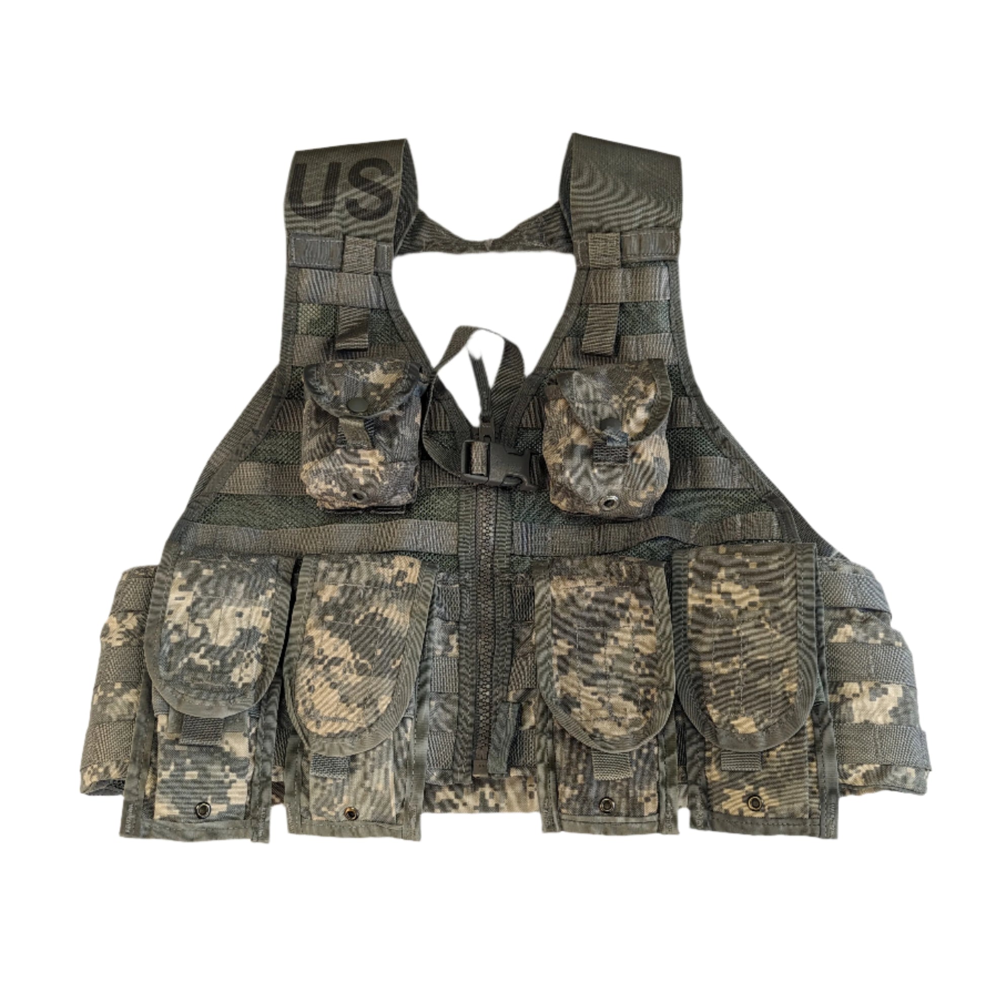 U.S. military surplus load carrier vest with multiple pouches, in ACU camouflage pattern.