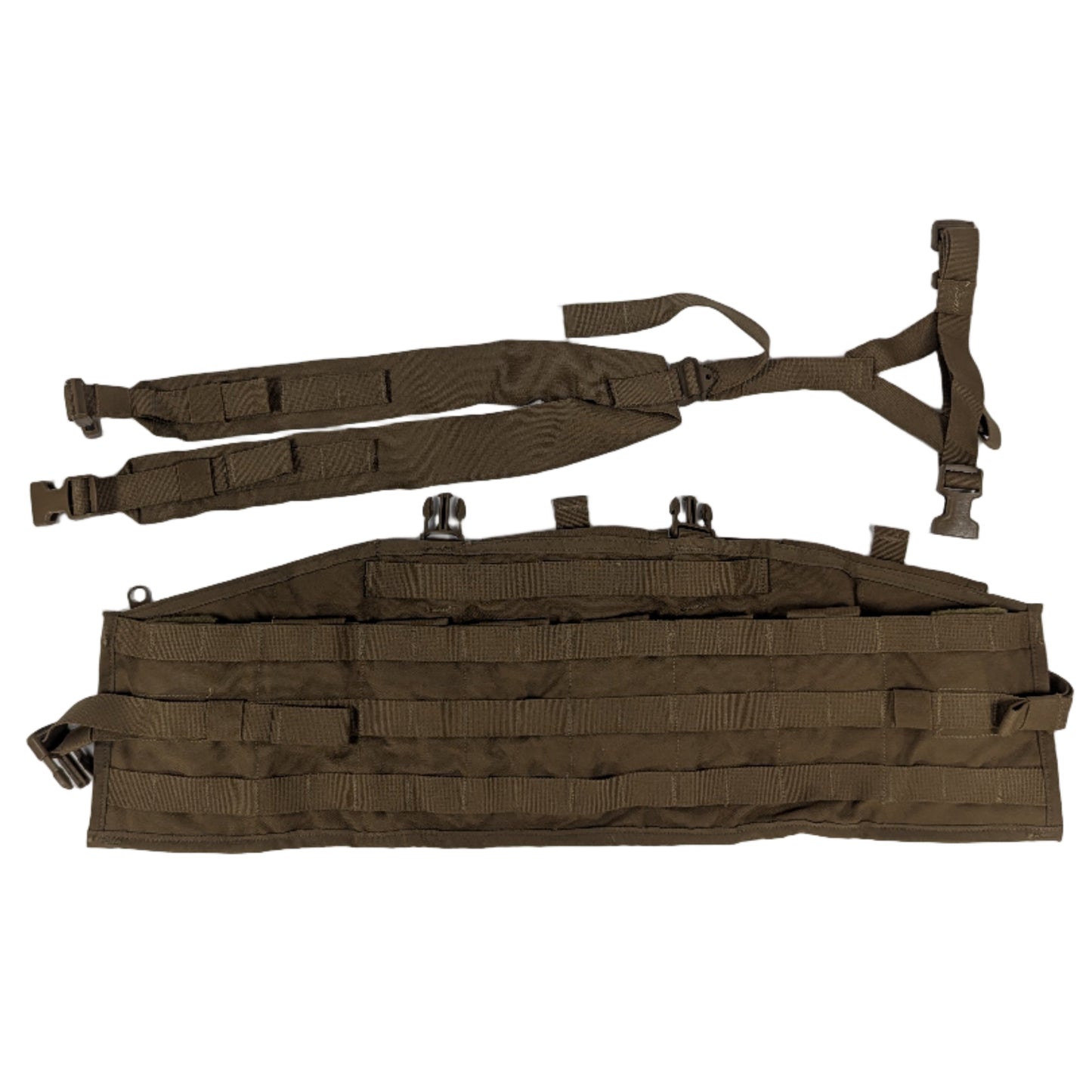 Brown tactical vest and straps on a white background