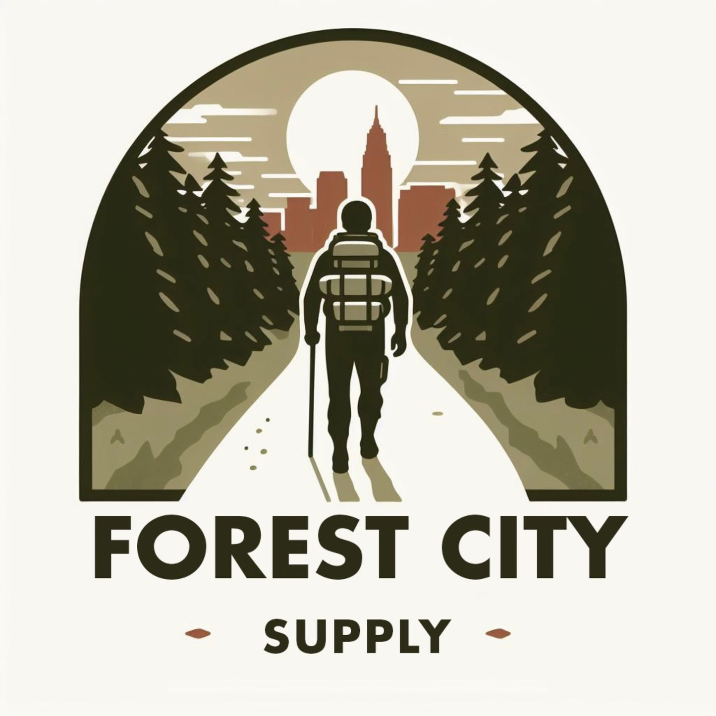 The logo for Forest City Supply, featuring the silhouette of a hiker in front of a stylized mountain range of pine trees and a city skyline.
