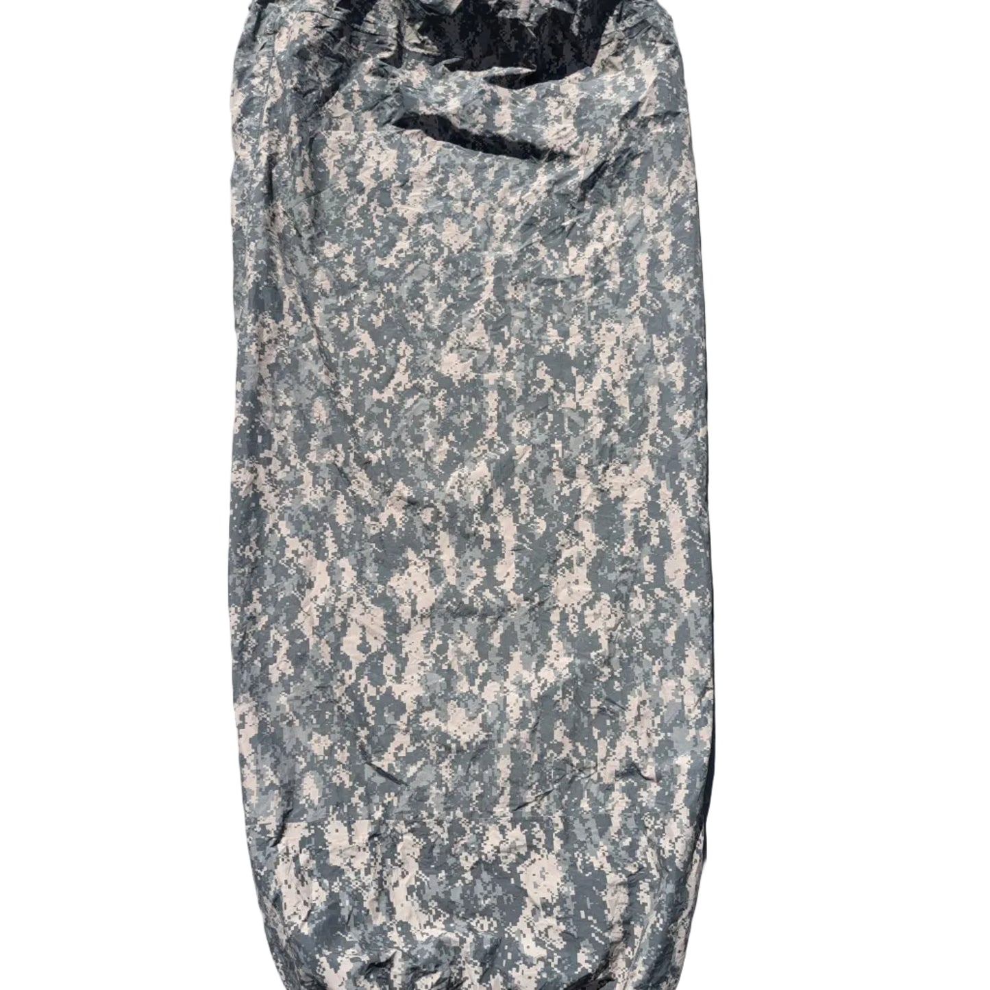 A full-length U.S. Military Surplus Modular Sleep System Bivy Cover in ACU digital camouflage, laid flat on a gray concrete surface, displaying the wrinkled mummy shape and waterproof fabric.