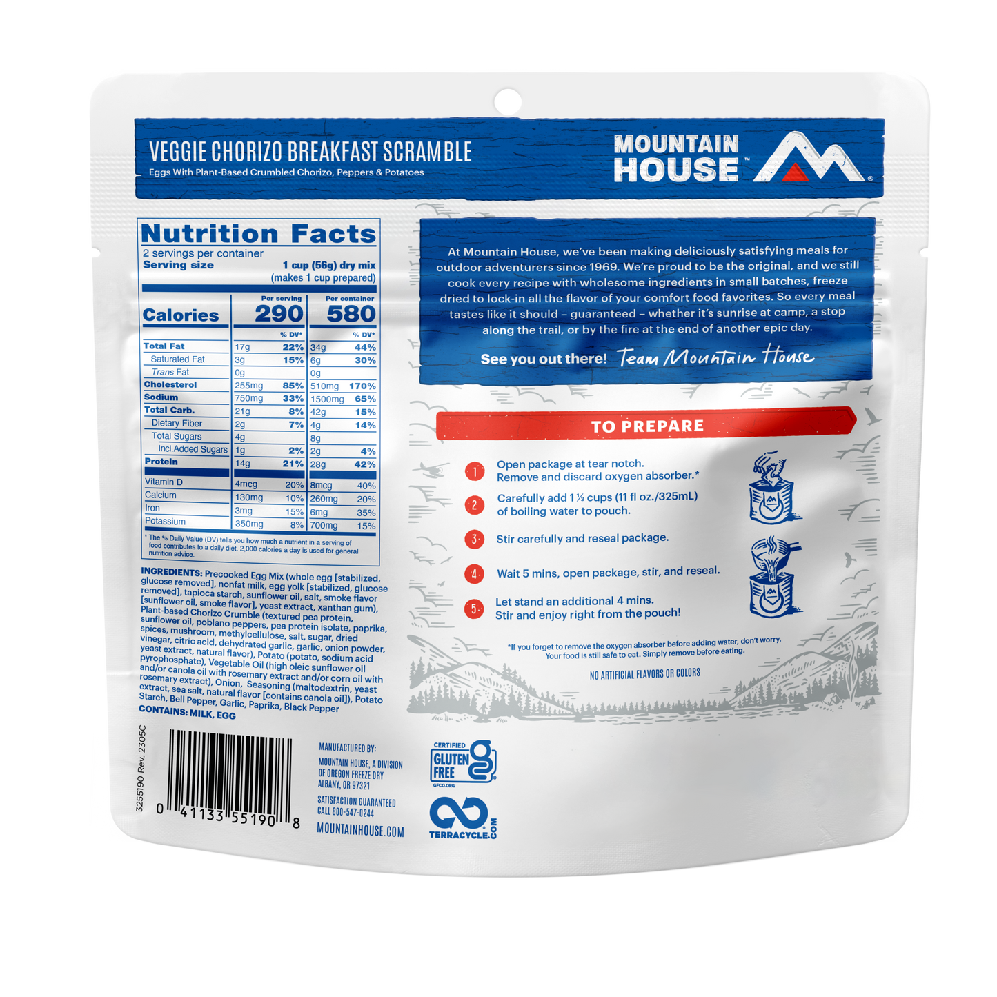 Mountain House Veggie Chorizo Breakfast Scramble package with nutrition facts and preparation instructions.
