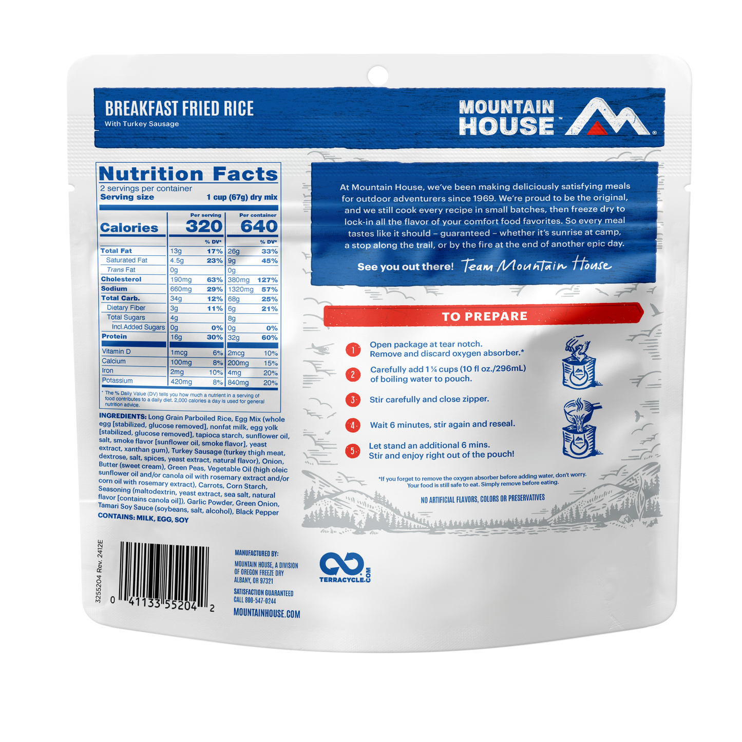 Mountain House breakfast fried rice pouch with nutrition facts and preparation instructions.