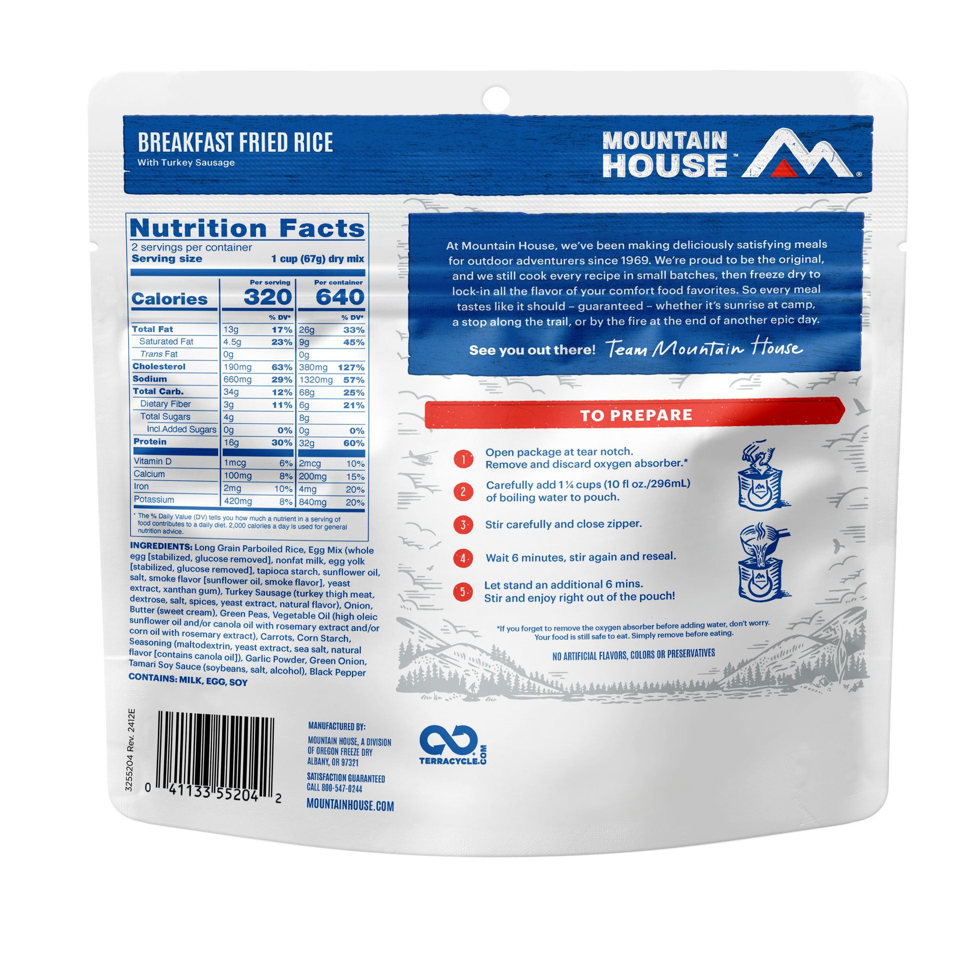 Mountain House breakfast fried rice pouch with nutrition facts and preparation instructions.