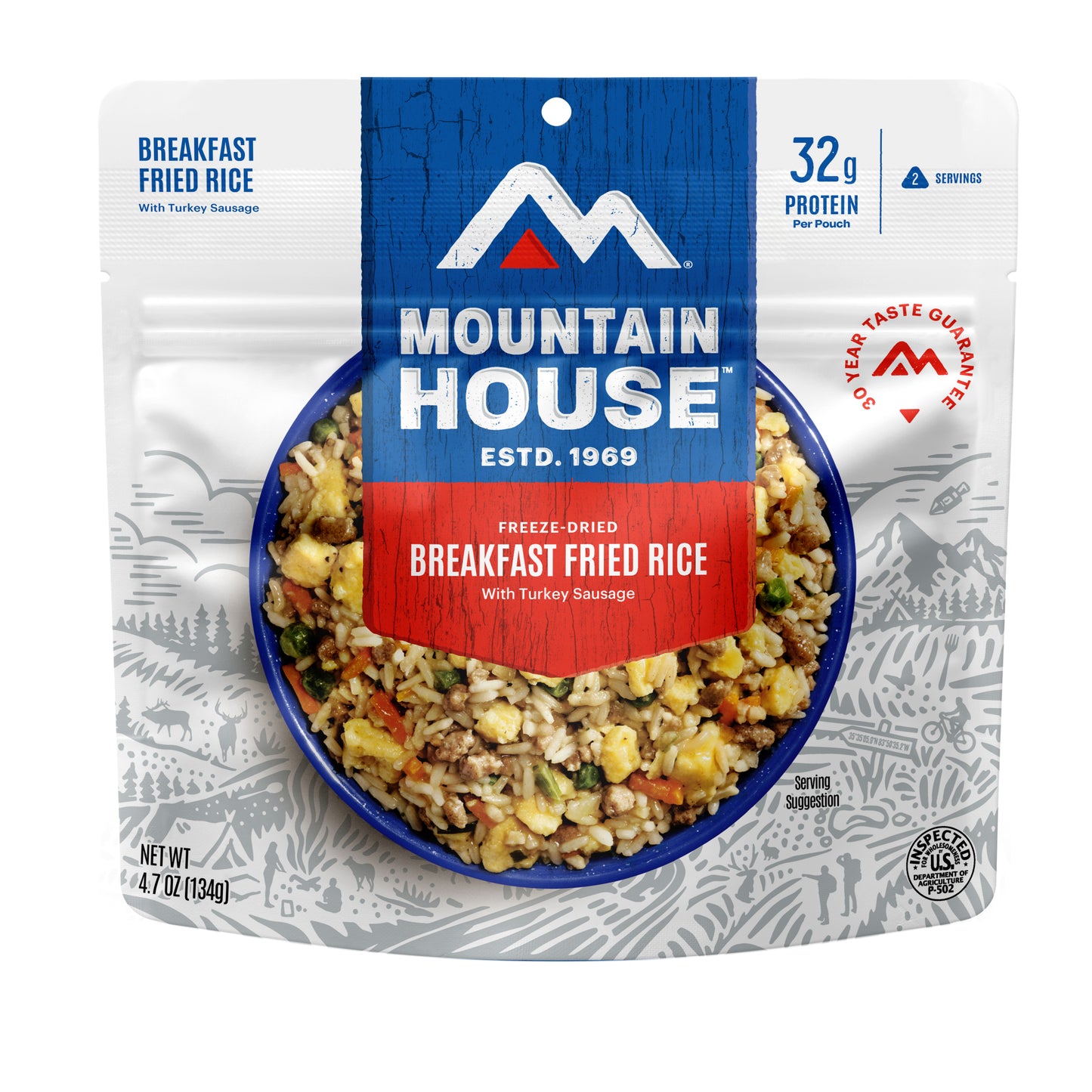Mountain House freeze-dried breakfast fried rice package on a white background