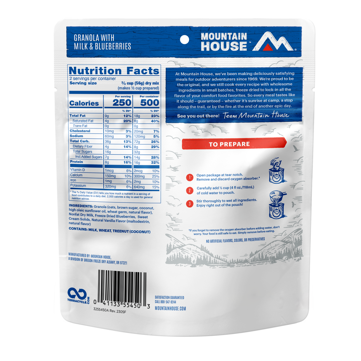 Mountain House granola with milk and blueberries package showing nutrition facts and preparation instructions.