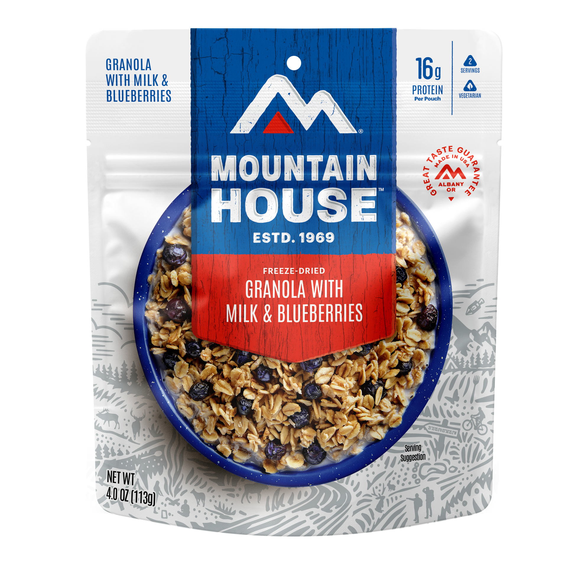Mountain House freeze-dried granola with milk and blueberries packaging on a white background