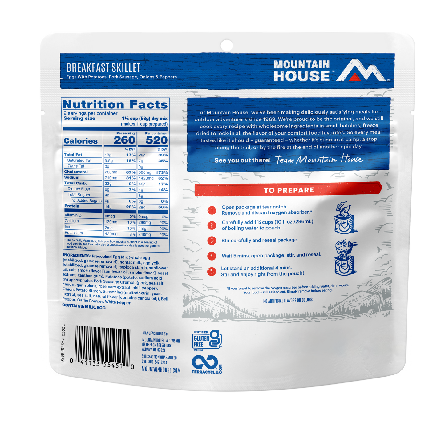 Mountain House breakfast skillet meal package with nutrition facts and preparation instructions.