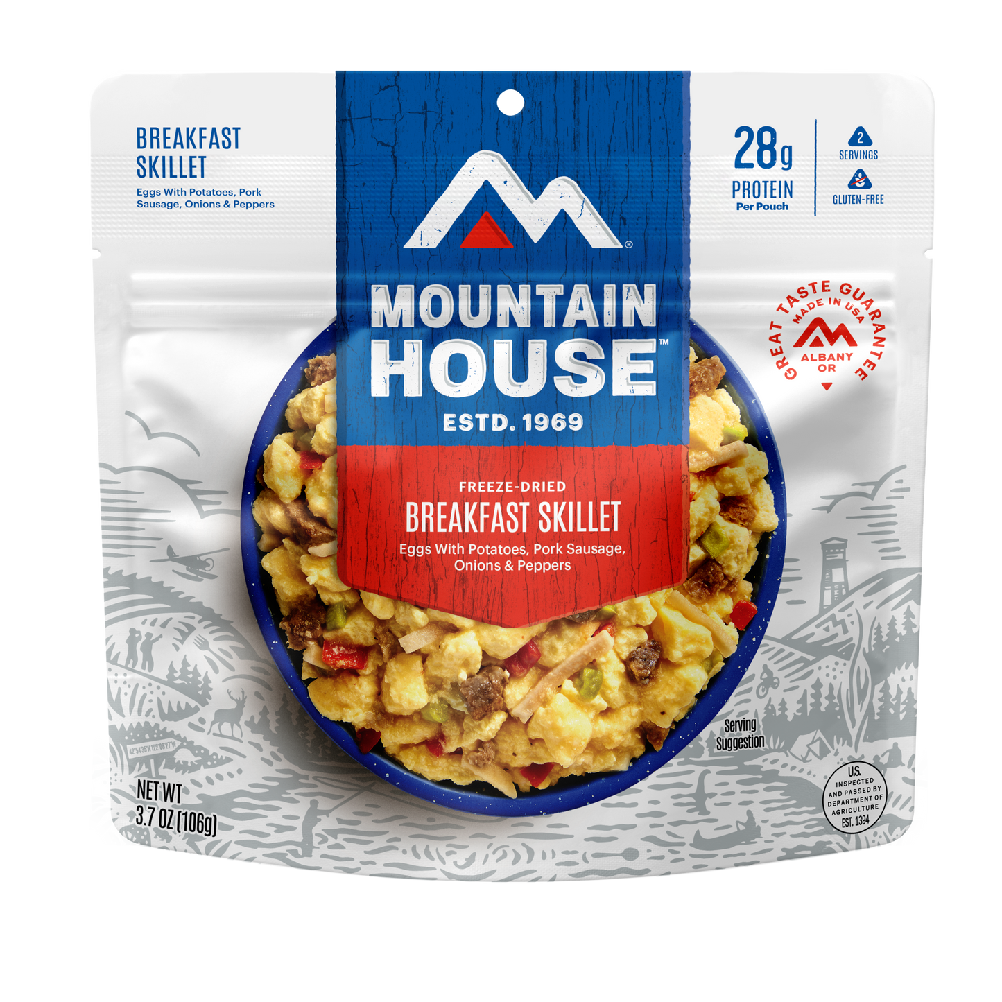 Mountain House freeze-dried breakfast skillet package on a white background