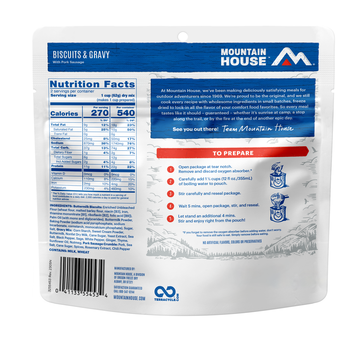 Mountain House food package with nutrition facts and preparation instructions on a white background