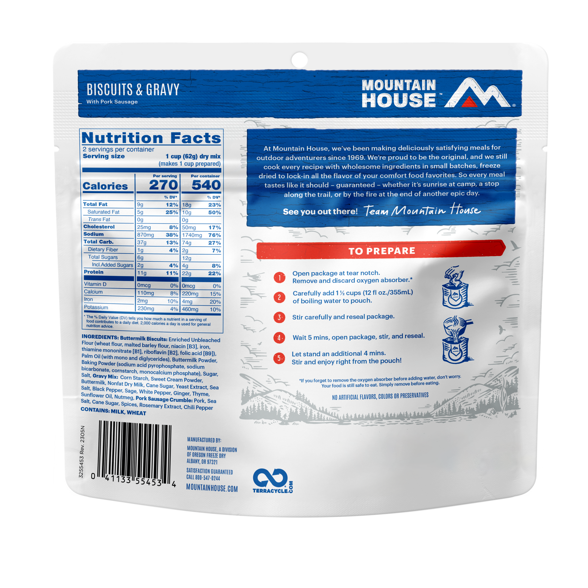 Mountain House food package with nutrition facts and preparation instructions on a white background