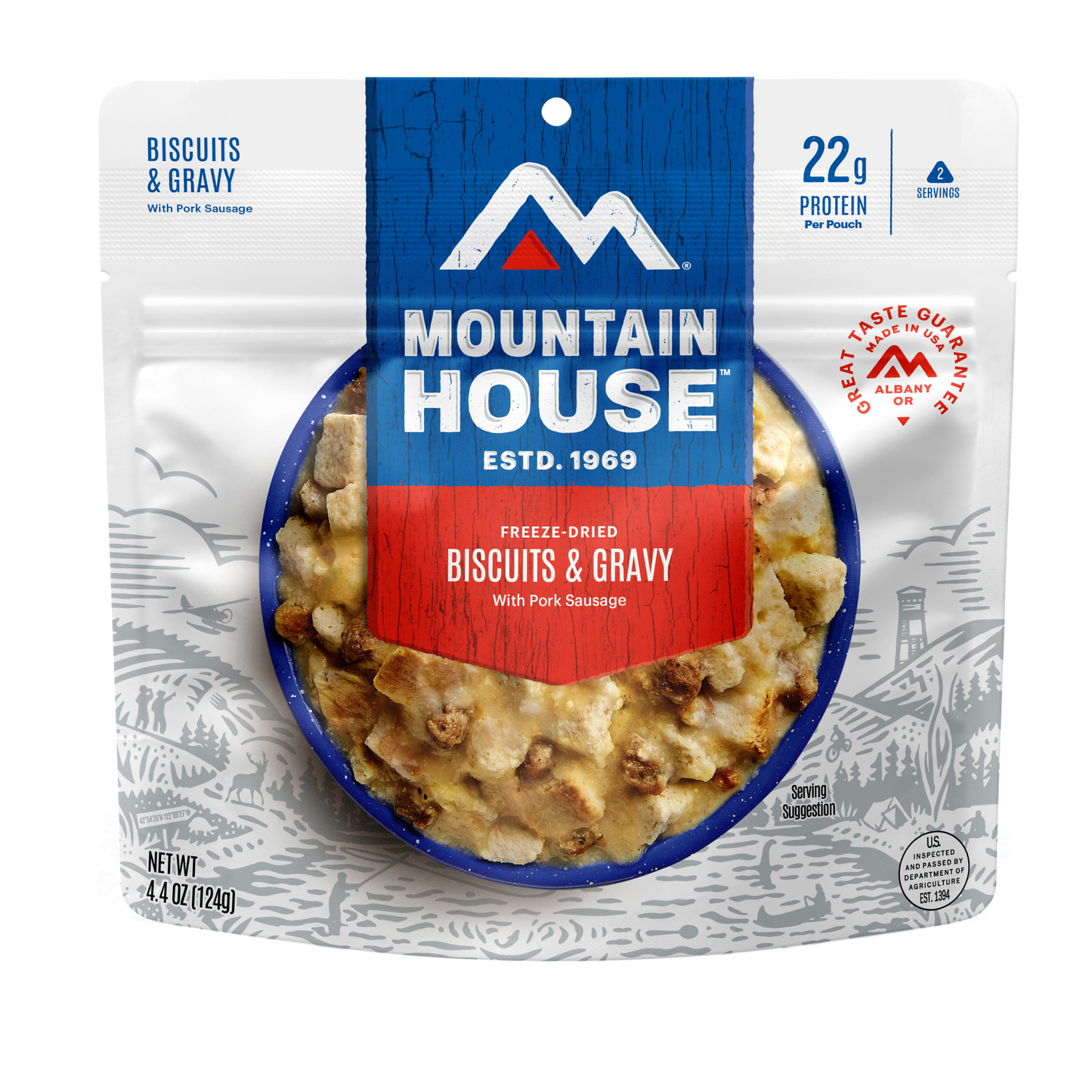 Mountain House freeze-dried biscuits and gravy package on a white background