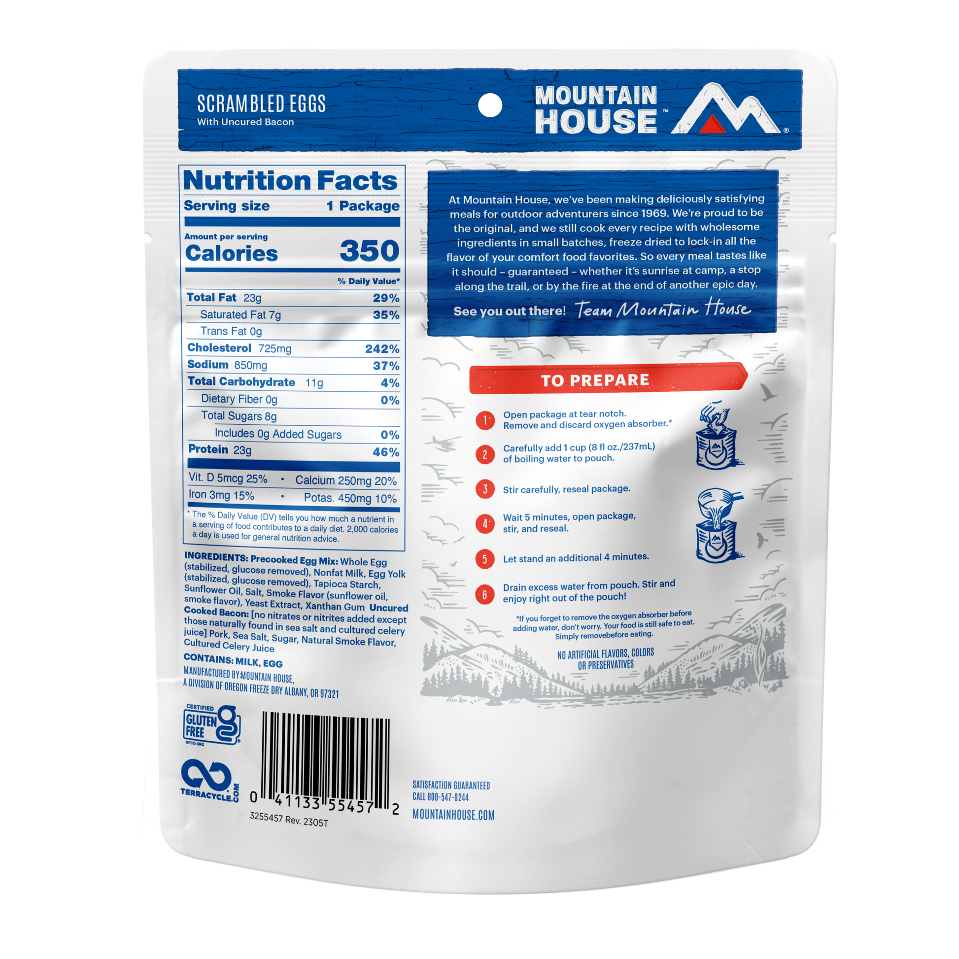Mountain House food package with nutrition facts and preparation instructions on a white background