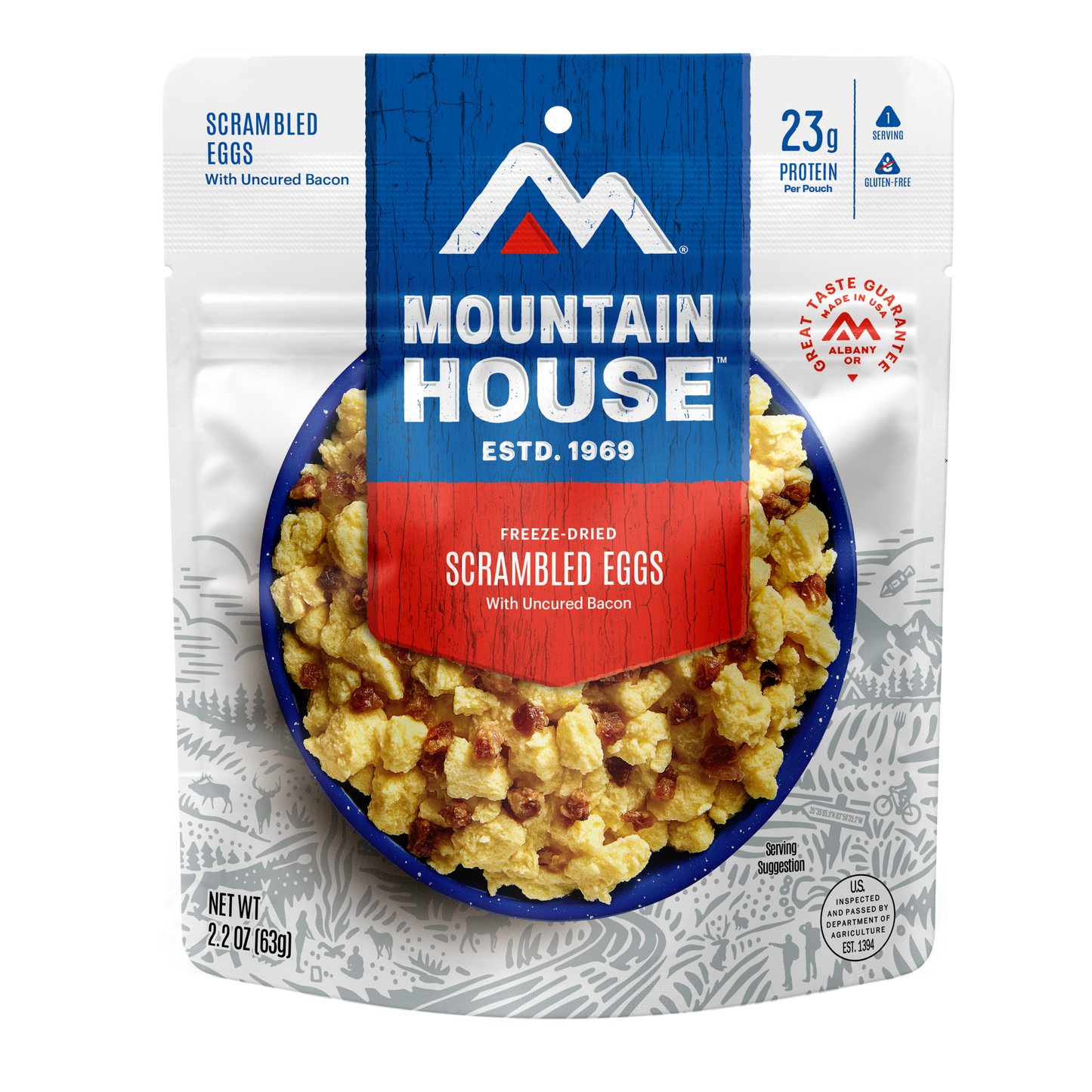 Mountain House freeze-dried scrambled eggs with bacon package on a white background