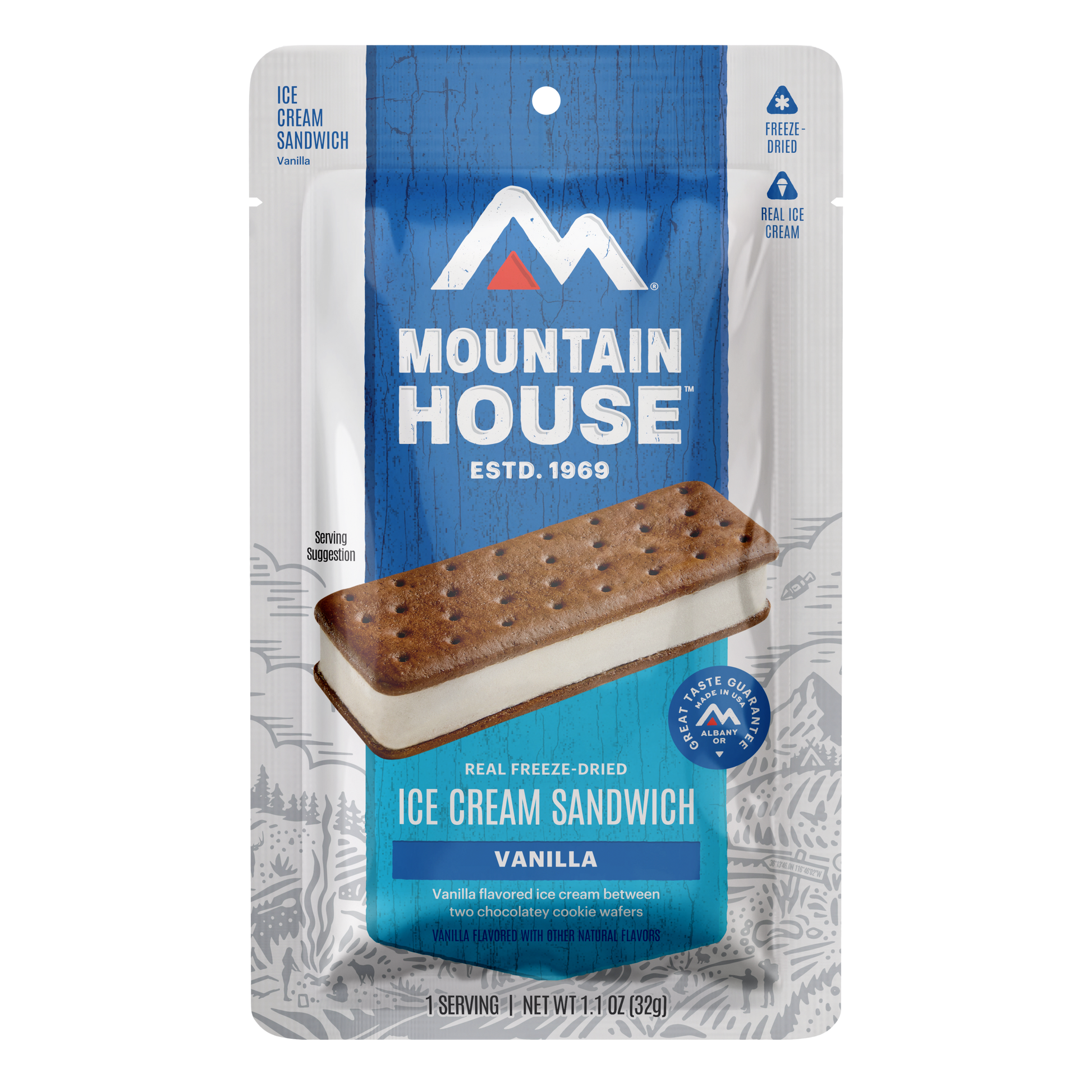 Mountain House vanilla ice cream sandwich package on a white background