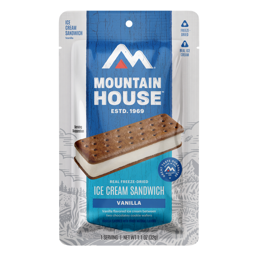 Mountain House vanilla ice cream sandwich package on a white background