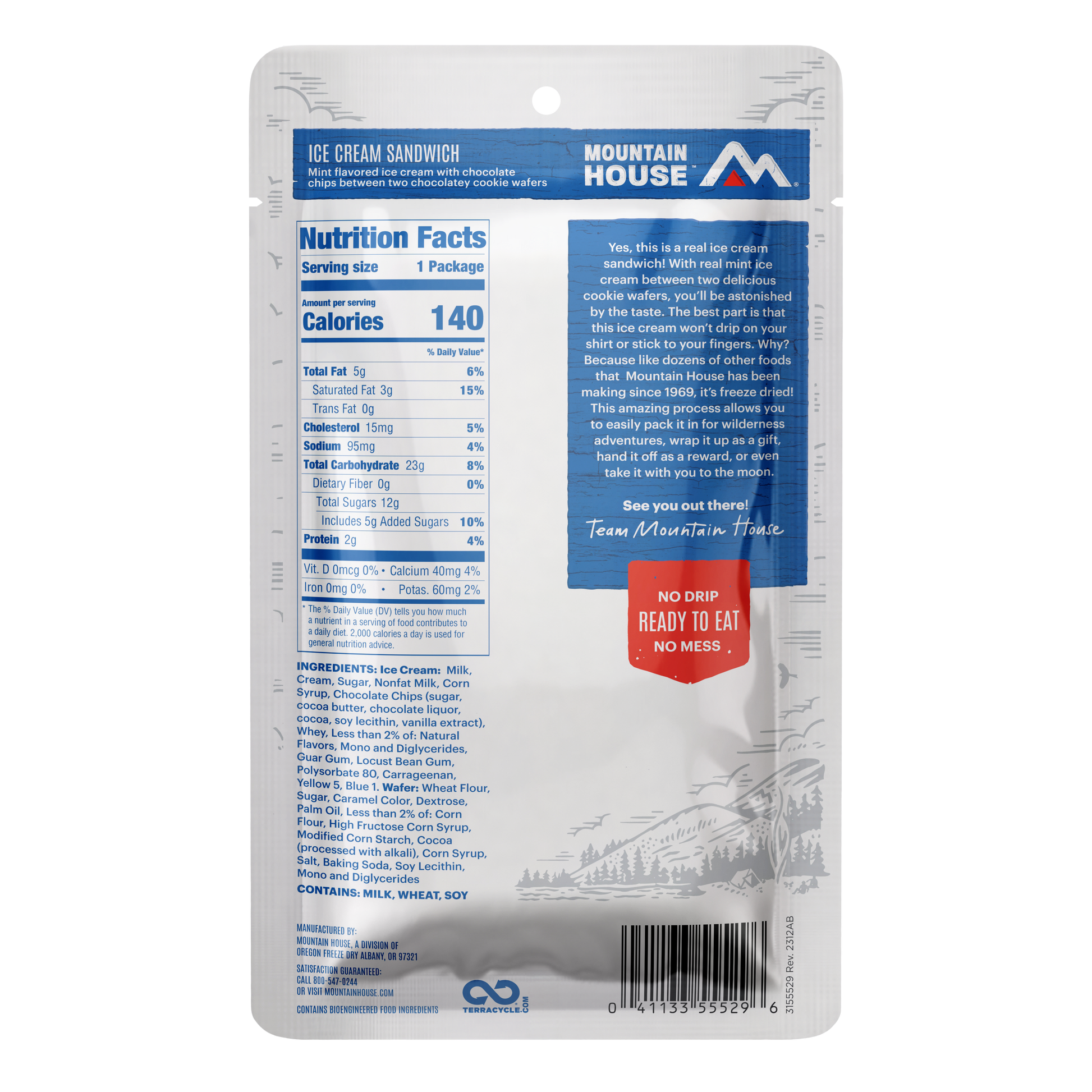 Mountain House ice cream sandwich package with nutrition facts label on a white background