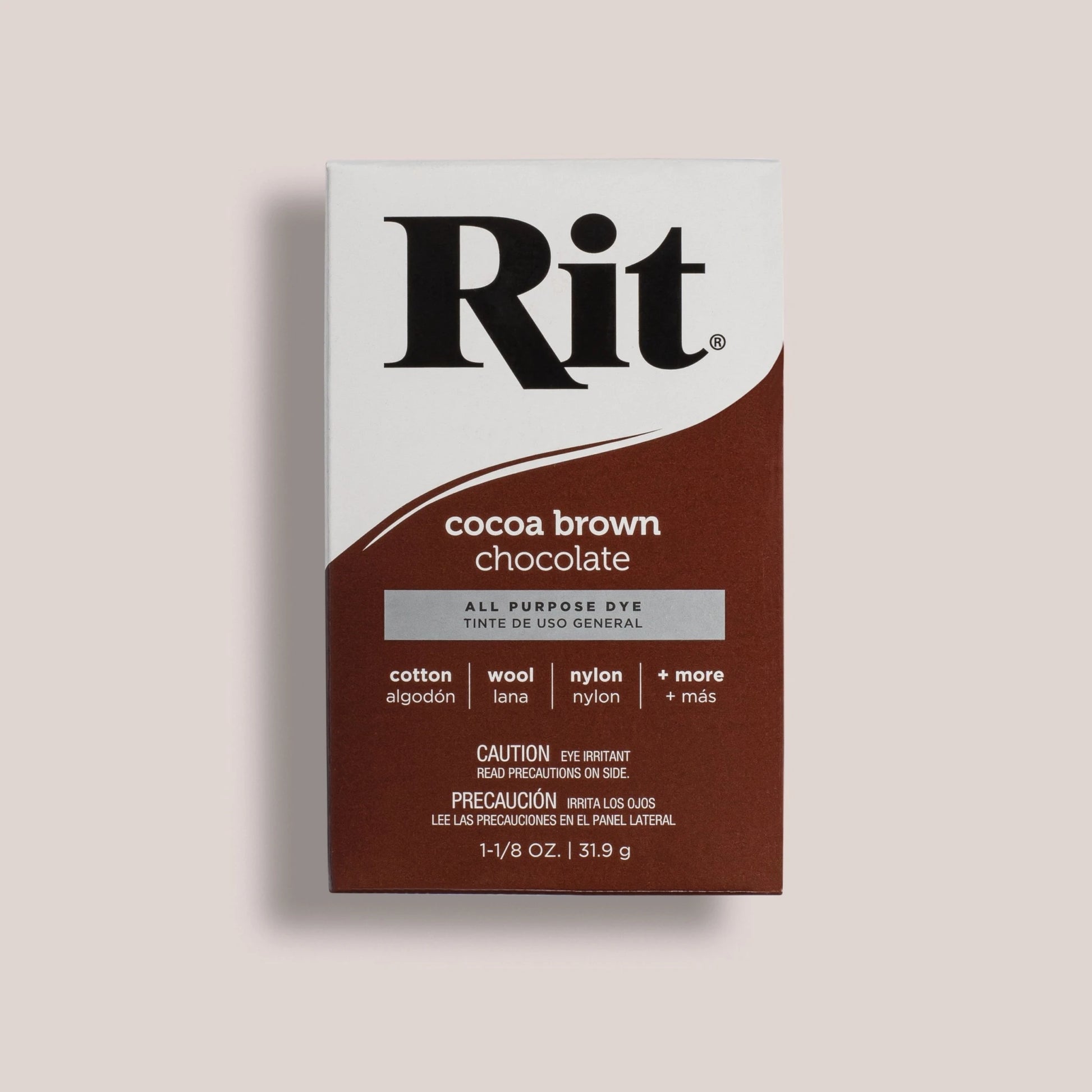 Box of Rit dye in cocoa brown chocolate color on a beige background