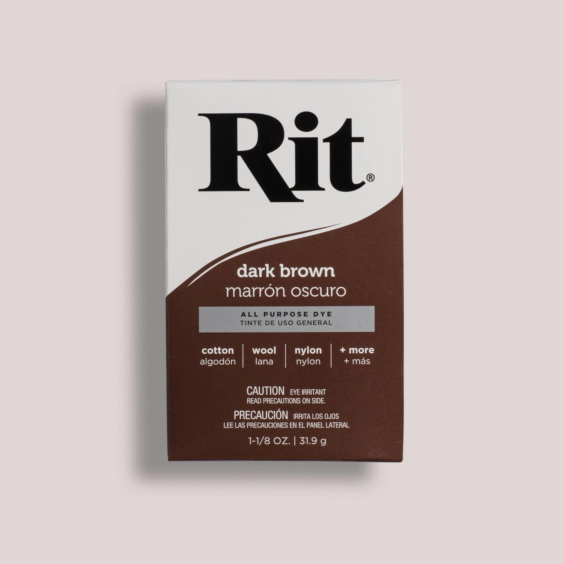 Box of Rit dark brown all-purpose dye on a light gray background