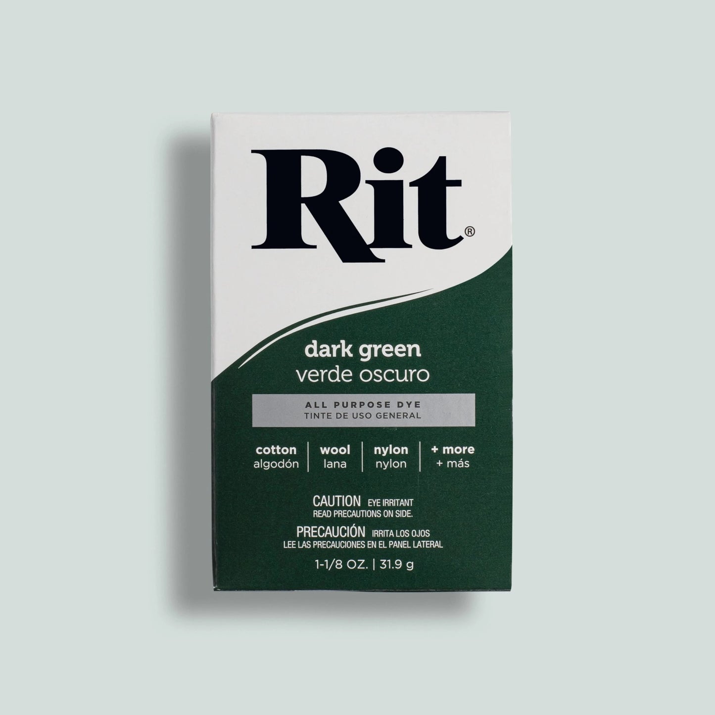 Rit dye packaging for dark green on a light gray background