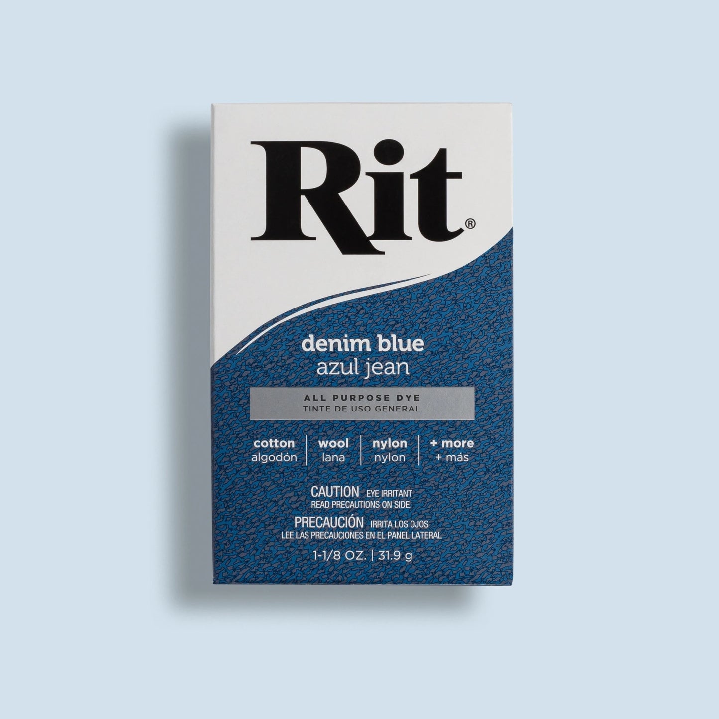 Box of Rit denim blue dye on a light gray background
