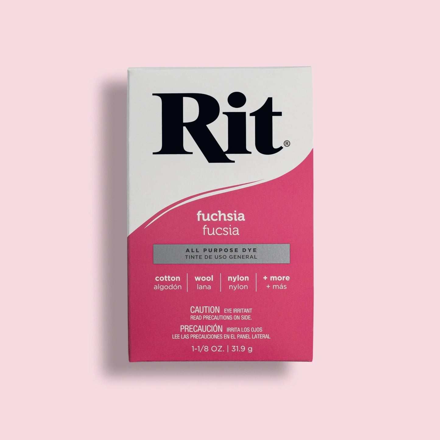 Box of Rit fuchsia all-purpose dye on a pink background