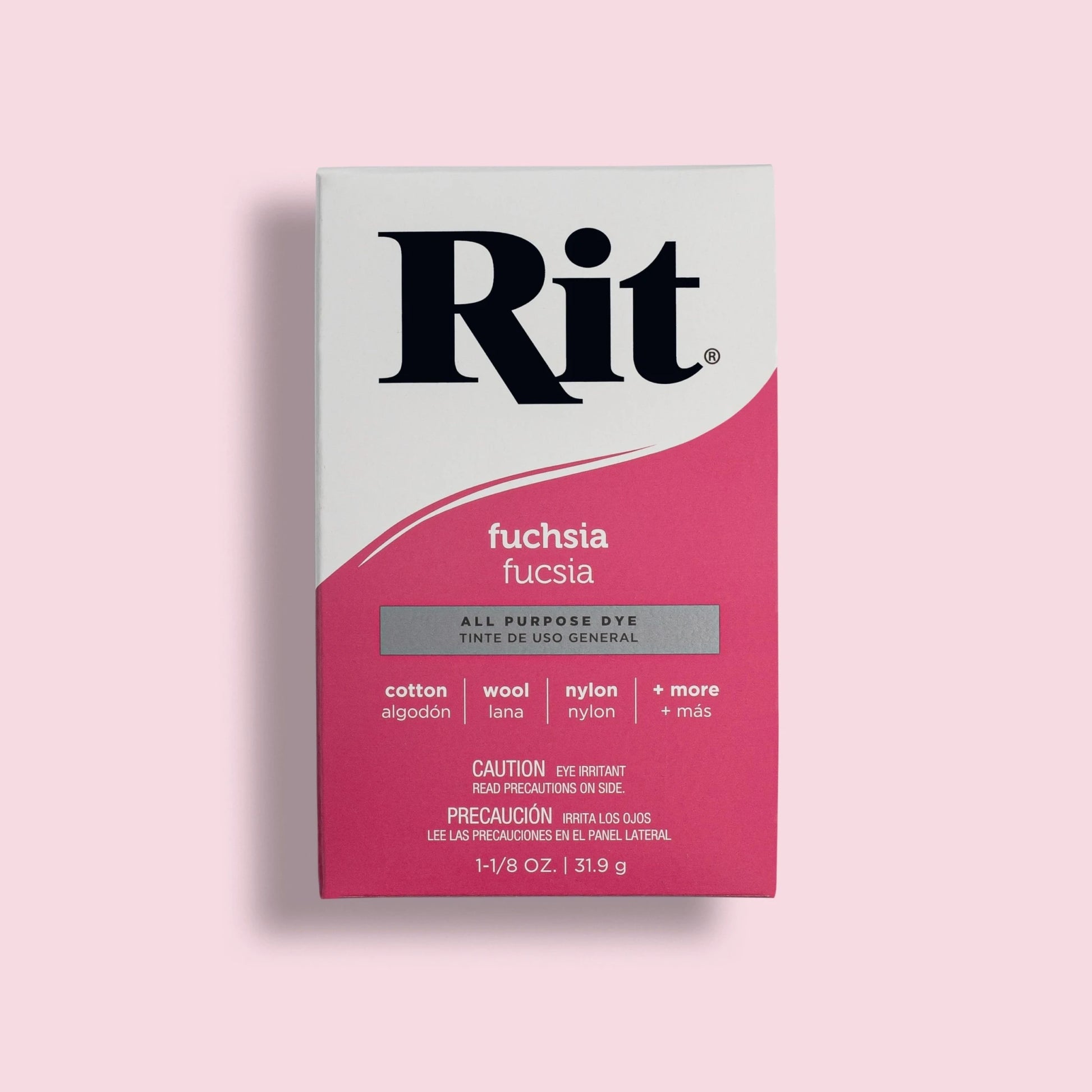 Box of Rit fuchsia all-purpose dye on a pink background