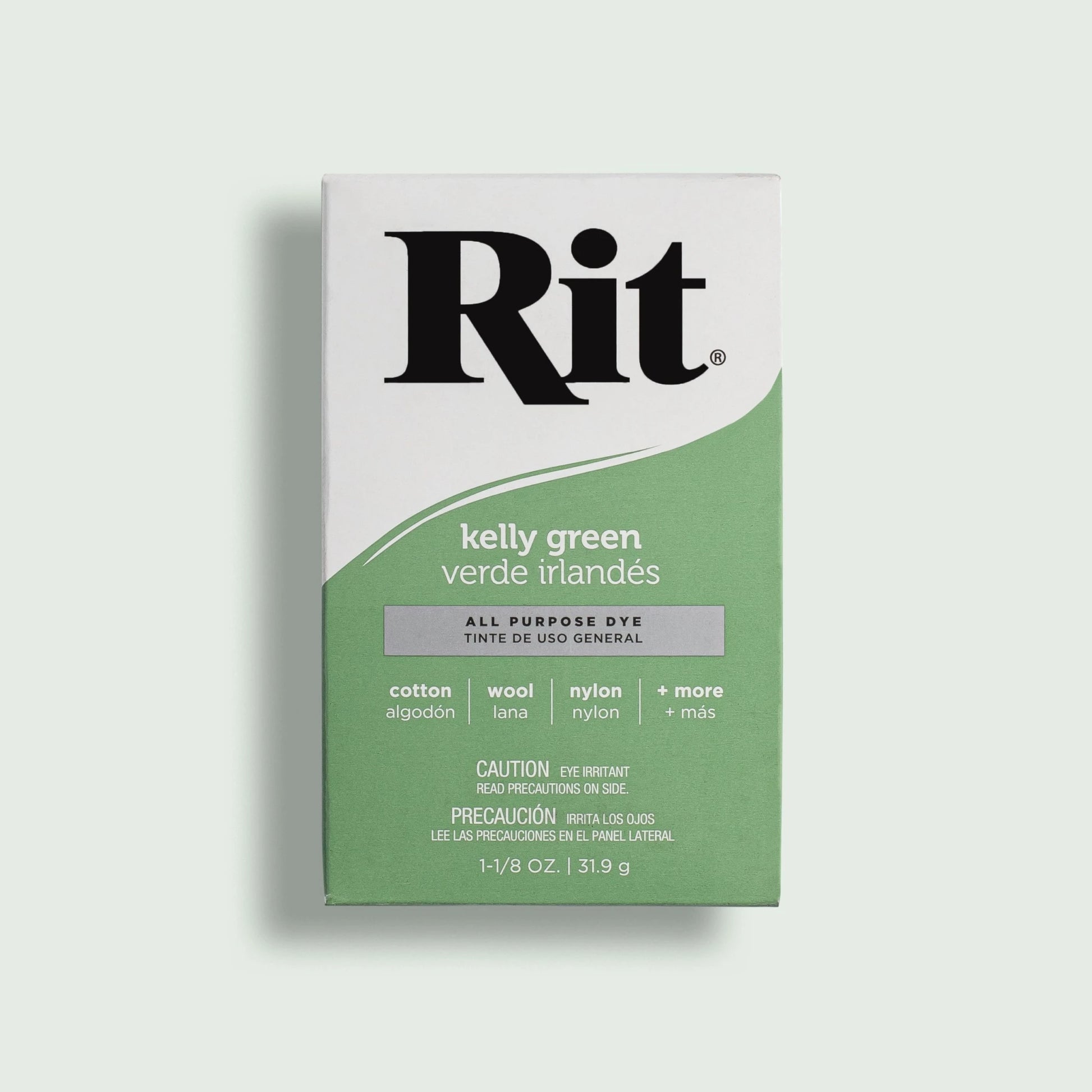 Rit dye packaging in kelly green on a light gray background