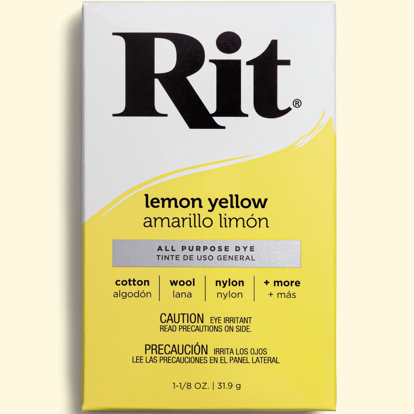 Rit lemon yellow all-purpose dye packaging on a beige background