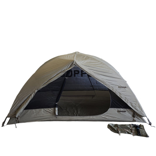 US Military Surplus Tent in Coyote Tan on a white background