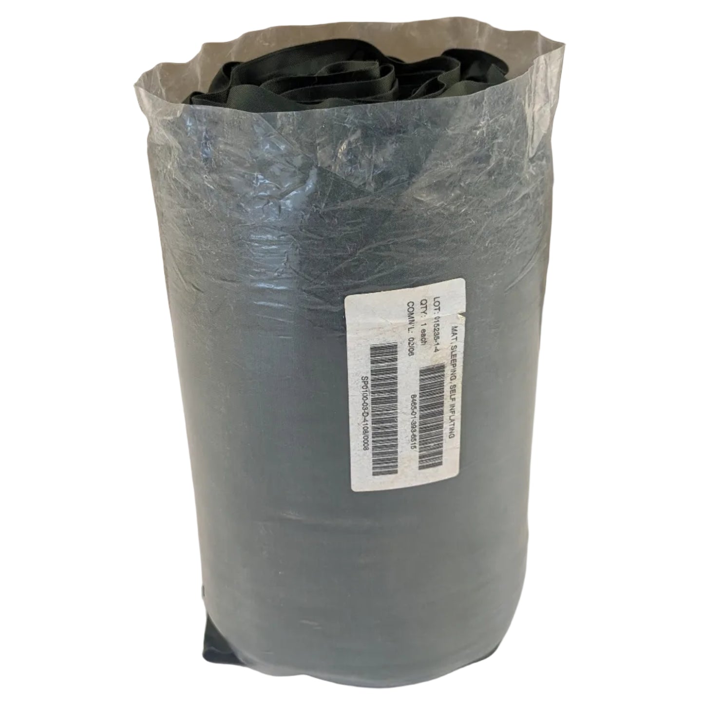 A roll of black plastic sheeting or heavy-duty vinyl wrap, partially unrolled at the top, wrapped in clear protective plastic with a white barcode label, set against a brown quilted fabric backdrop on a white surface.