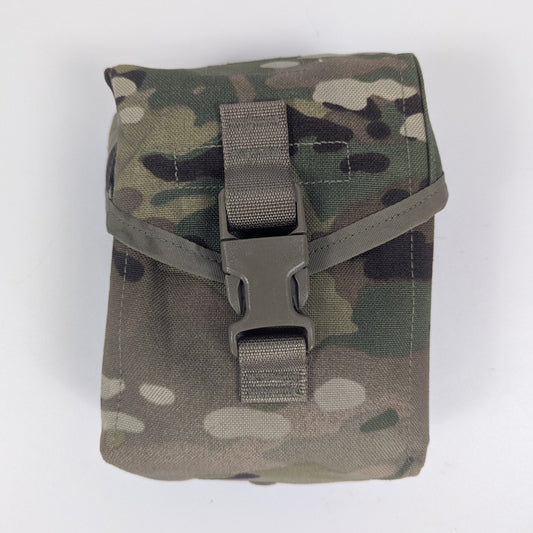 Camouflage-patterned pouch with a buckle on a white background