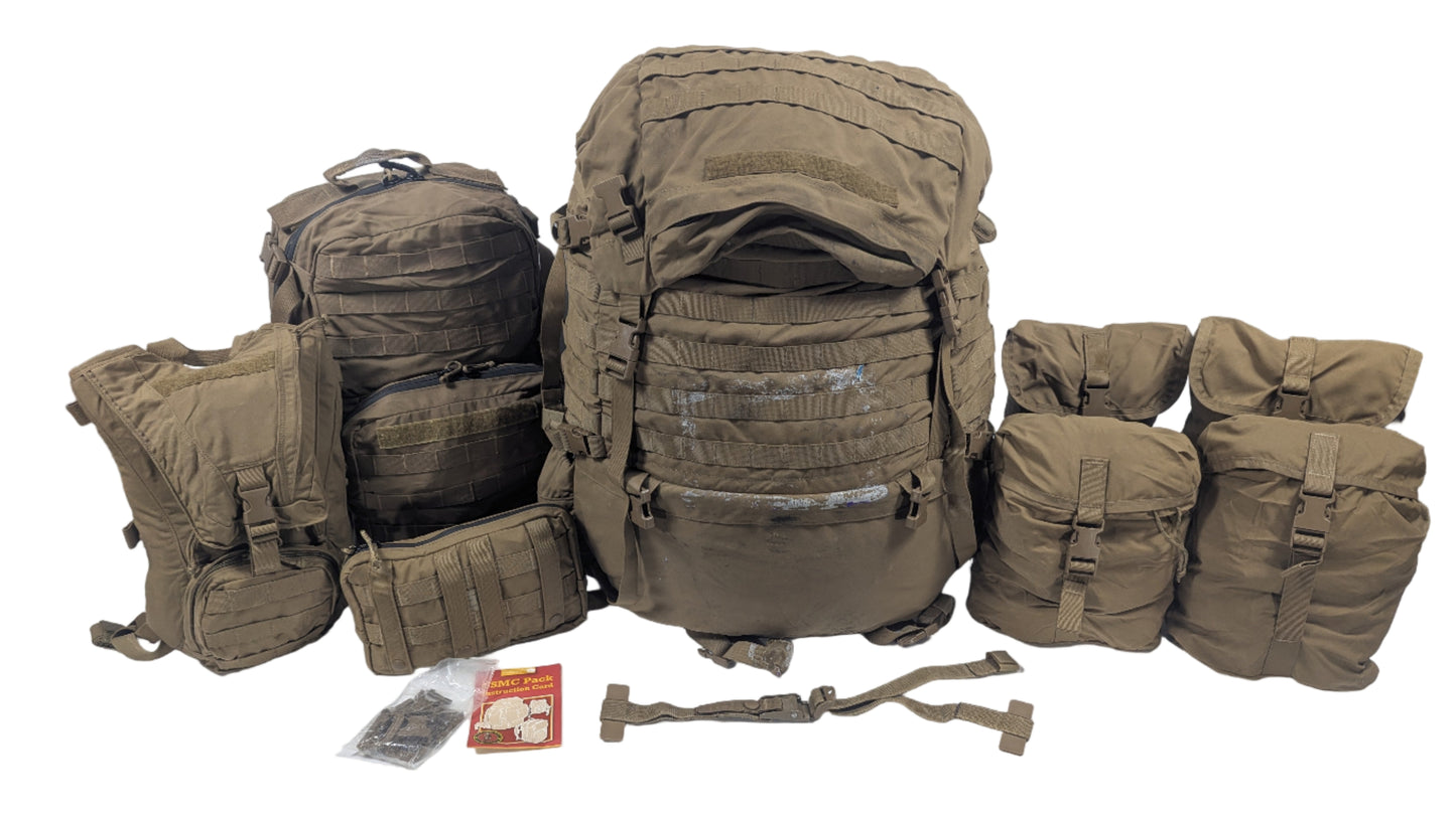 Set of brown military-style backpacks and bags on a white background