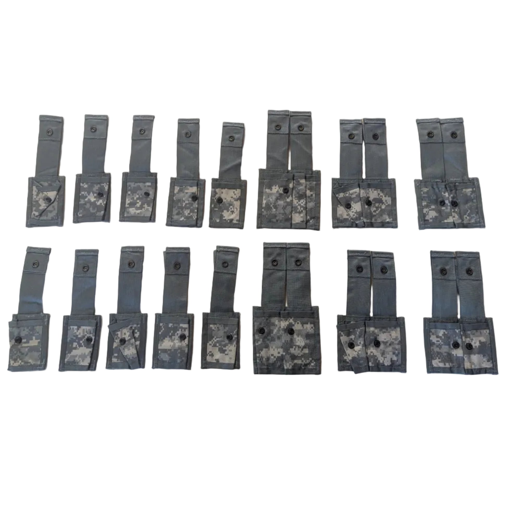 Multiple pouches on a white background
