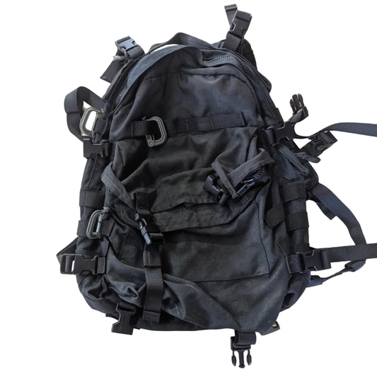 Black tactical backpack on a white background