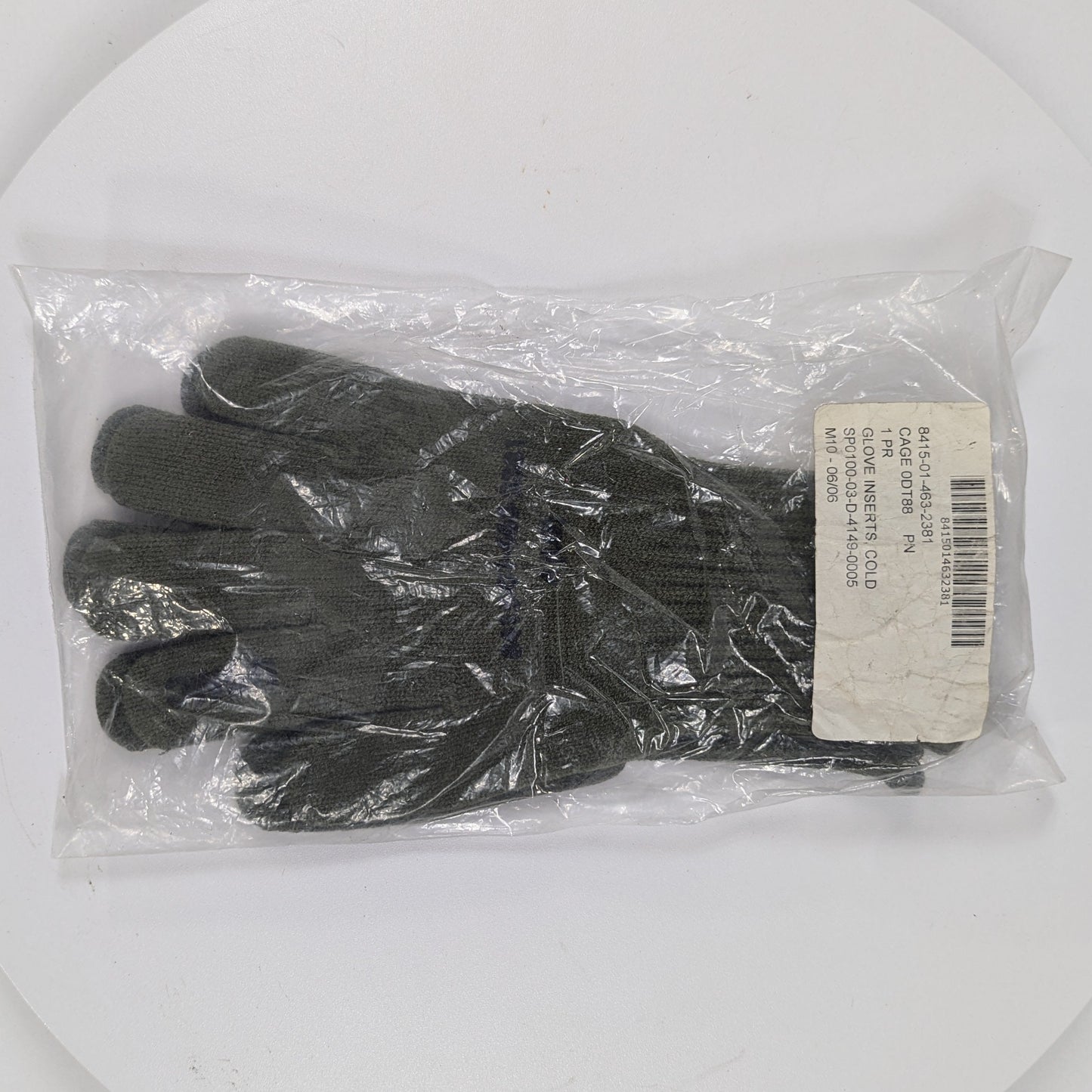 Pair of black gloves in clear plastic packaging on a white background