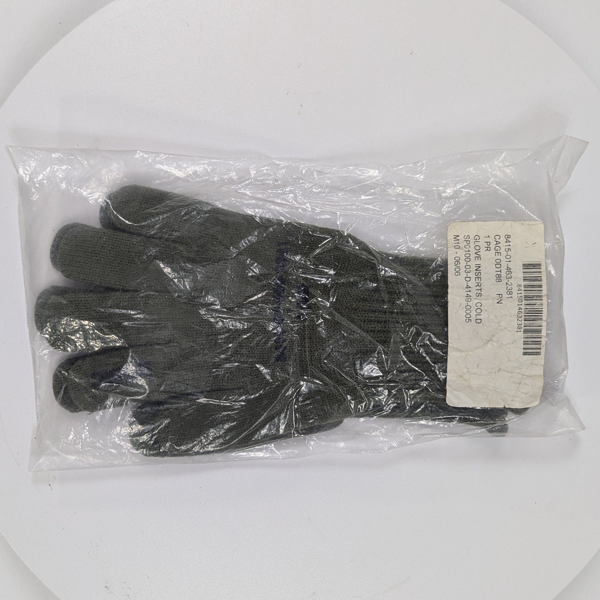 Pair of black gloves in clear plastic packaging on a white background