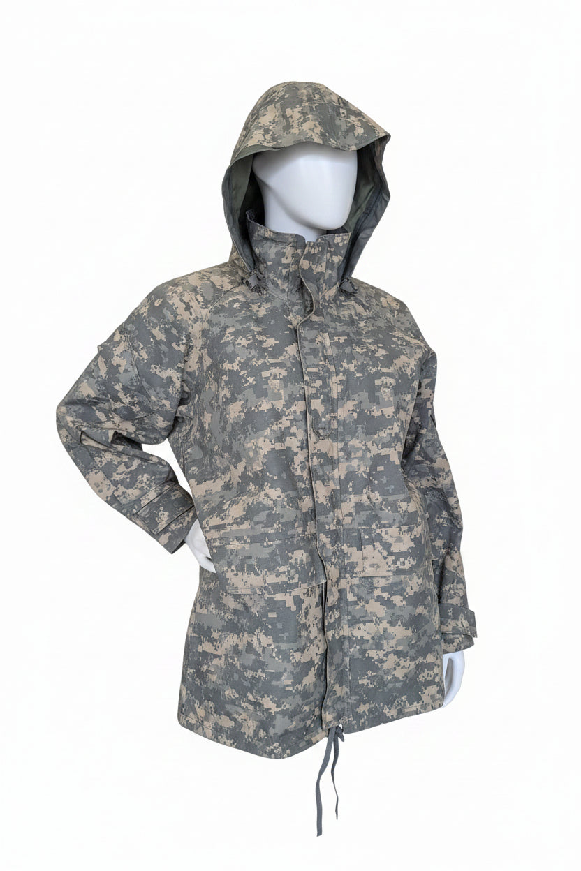 Camouflage jacket on a mannequin in an indoor setting with a visible brand logo.