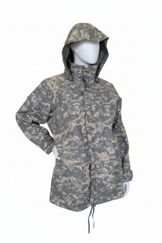 Camouflage jacket on a mannequin in an indoor setting with a visible brand logo.
