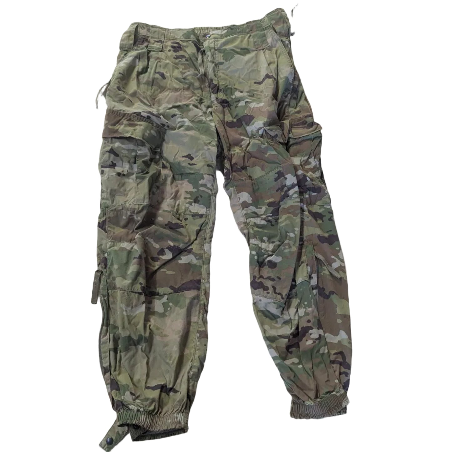 Multicam soft shell cold weather trousers with white background 