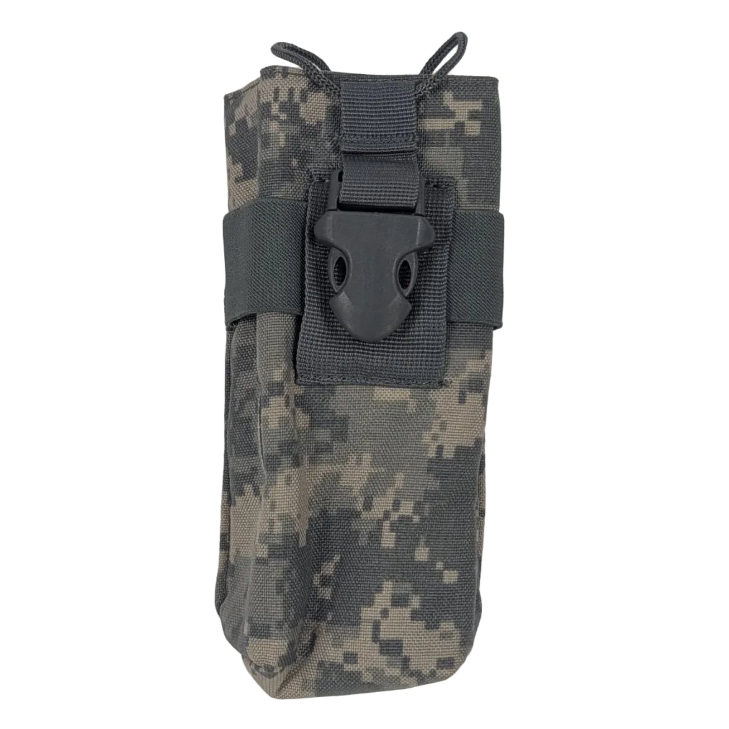 A tactical utility pouch in digital camouflage pattern with a dark gray plastic buckle, shown against a plain off-white background.