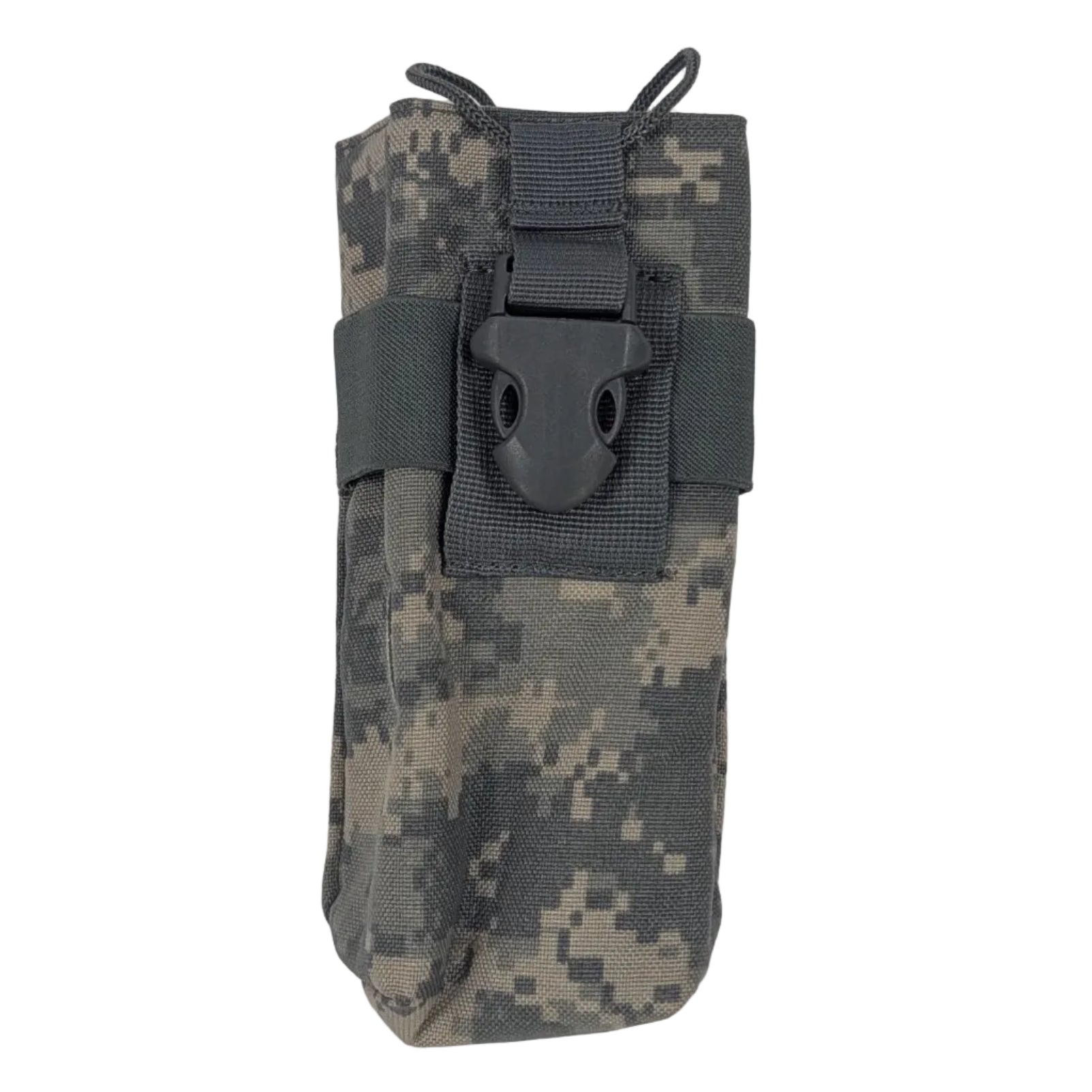 A tactical utility pouch in digital camouflage pattern with a dark gray plastic buckle, shown against a plain off-white background.