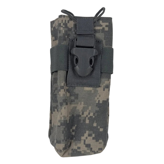 A tactical utility pouch in digital camouflage pattern with a dark gray plastic buckle, shown against a plain off-white background.