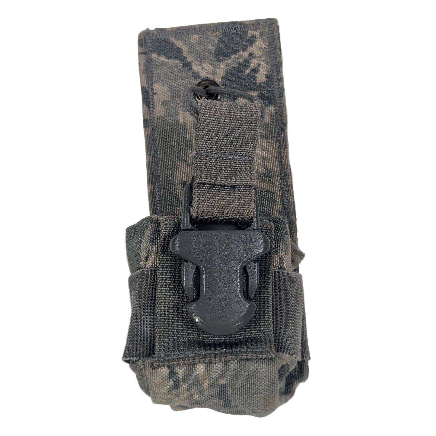 A tactical utility pouch in gray and black digital camouflage, featuring a quick-release plastic buckle closure, shown on a plain light gray background.
