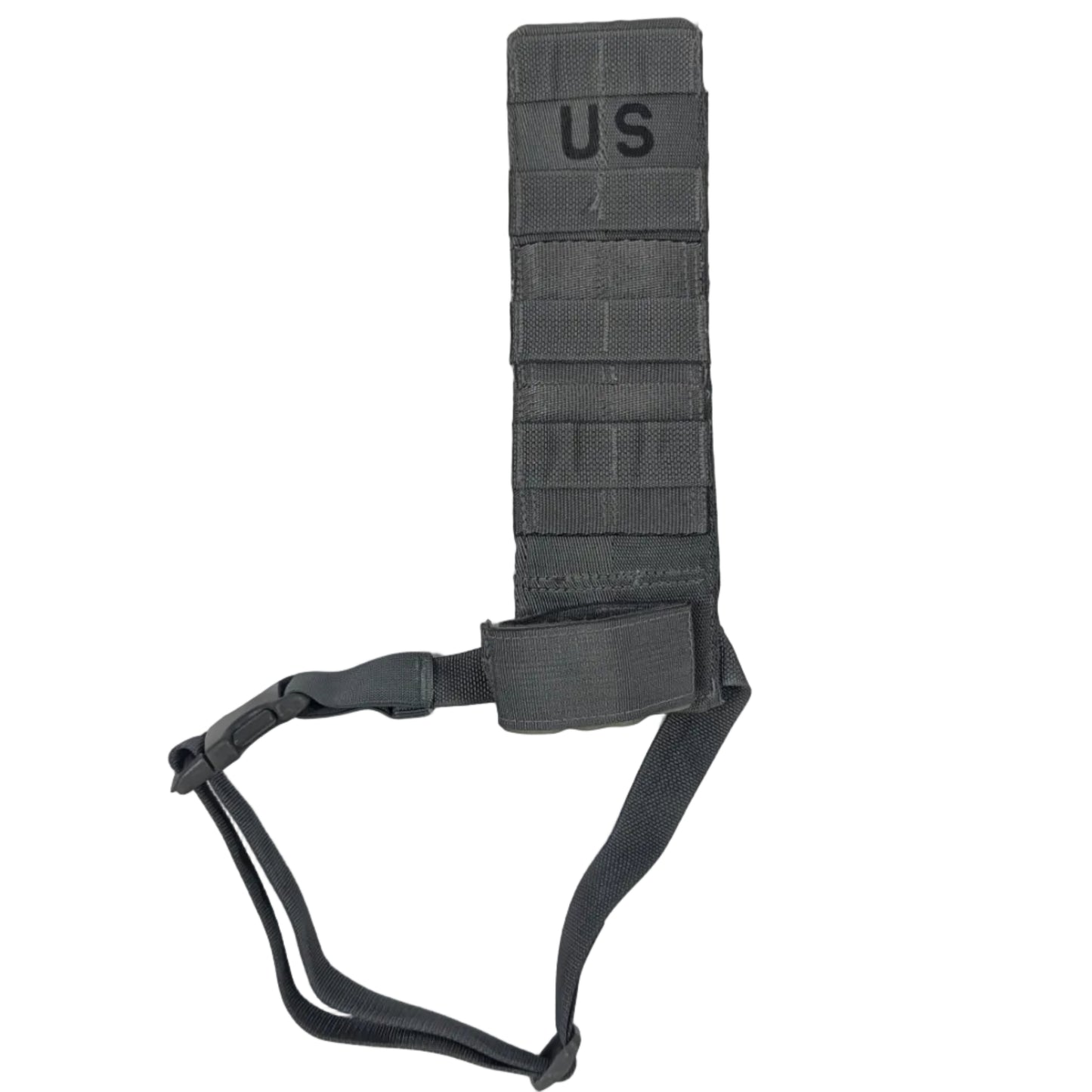 A dark gray tactical vest or pouch with a matching wrist strap, featuring the letters 'US' printed on the upper section, displayed on a plain white surface.