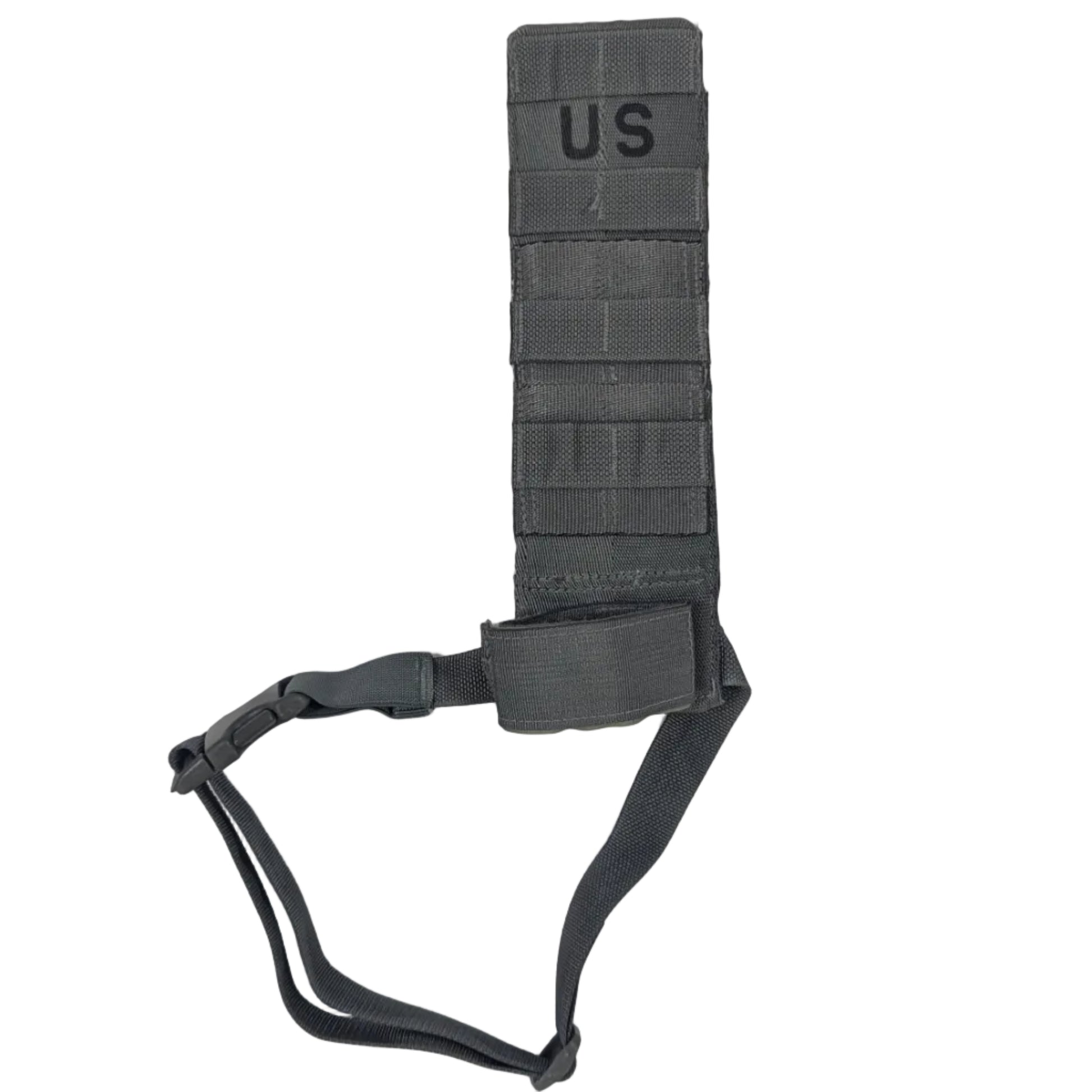 A dark gray tactical vest or pouch with a matching wrist strap, featuring the letters 'US' printed on the upper section, displayed on a plain white surface.