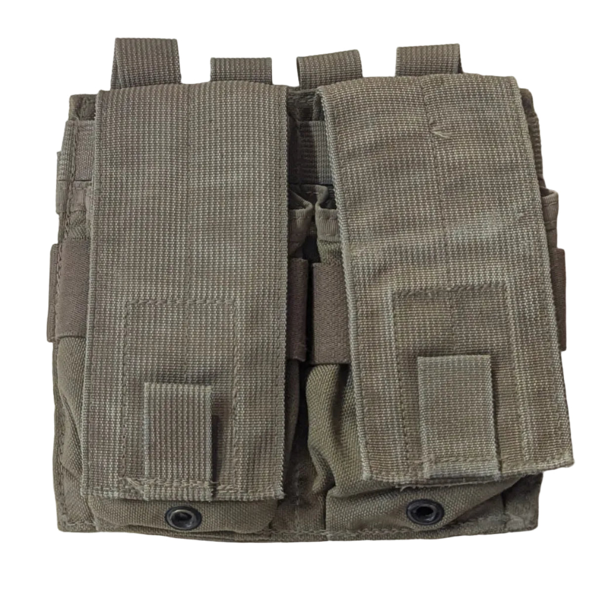 A pair of tan tactical utility pouches with MOLLE webbing, laid flat on a light wood surface. 