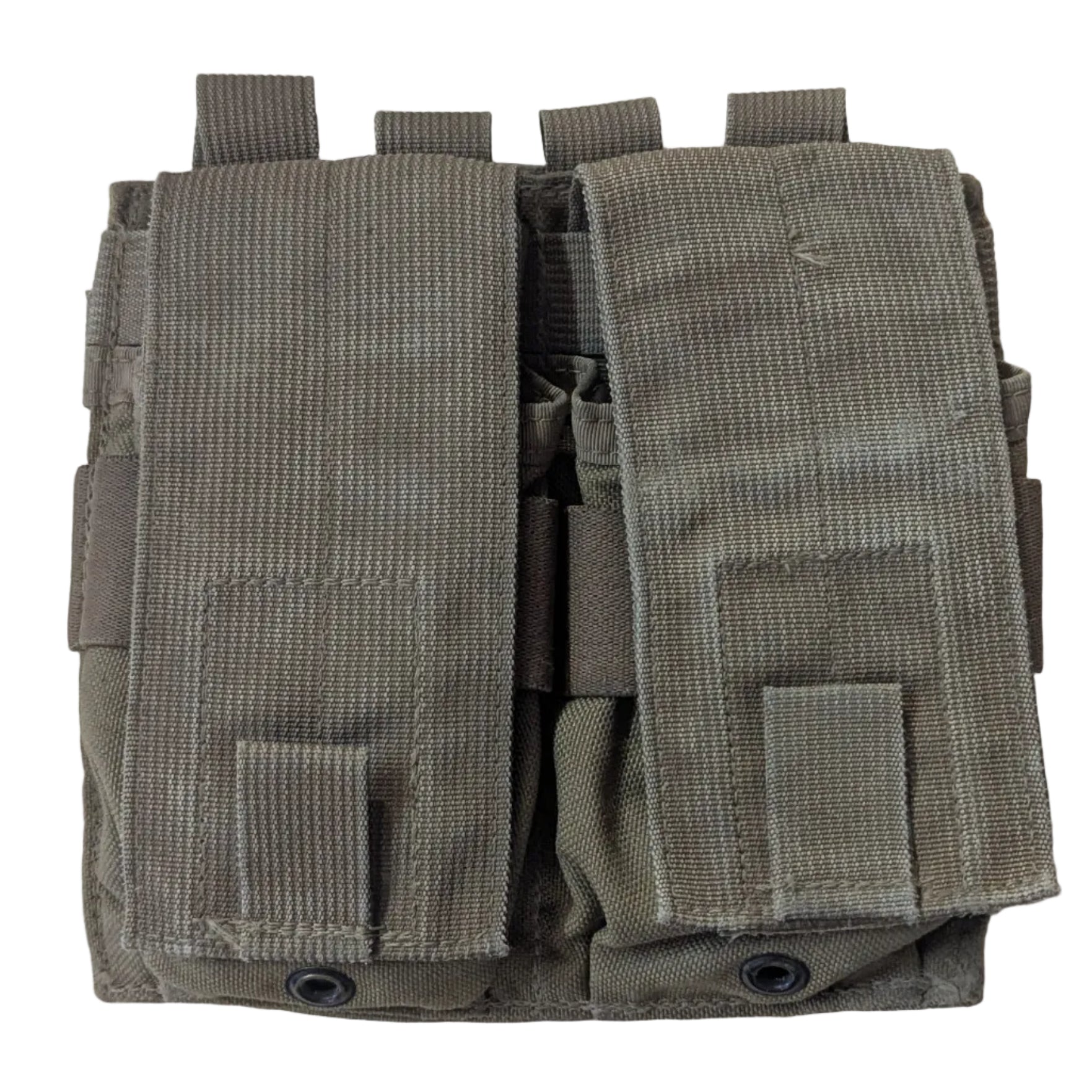 A pair of olive drab tactical magazine pouches laid flat on a light-colored wooden surface.