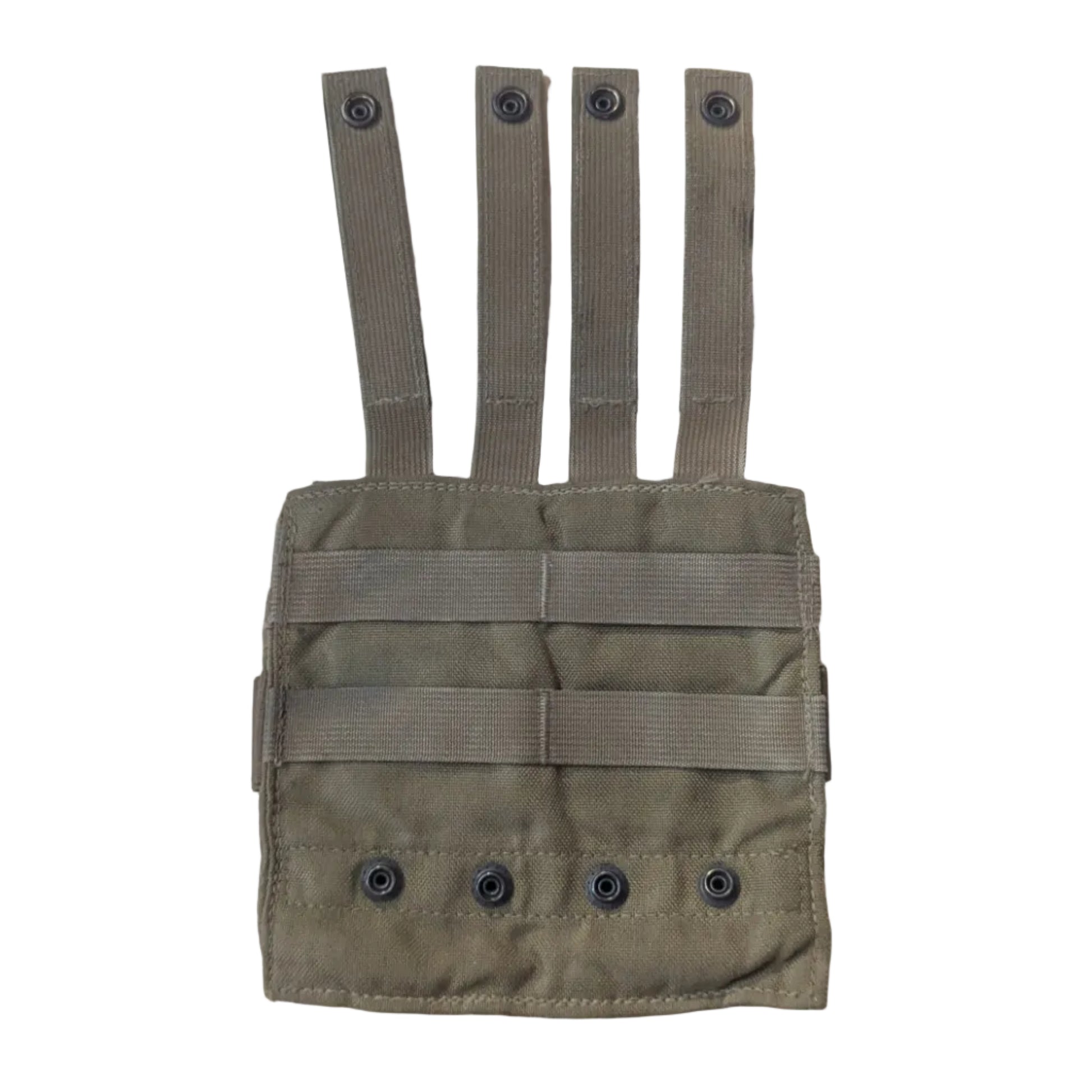 A tan tactical utility pouch with four webbing straps, laid flat on a light-colored wooden table.